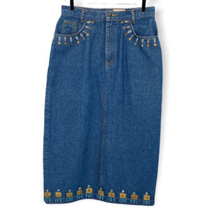 VINTAGE Sunbelt Blue Denim Hand Painted Western Straight Midi Skirt Size Large